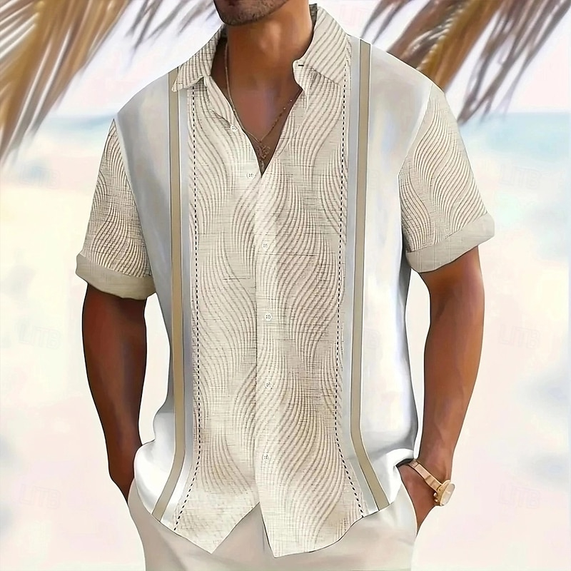 Retro Beachwear Vertical Stripe Textured Casual Shirt, Loose Fit Summer Short Sleeve Blouse
