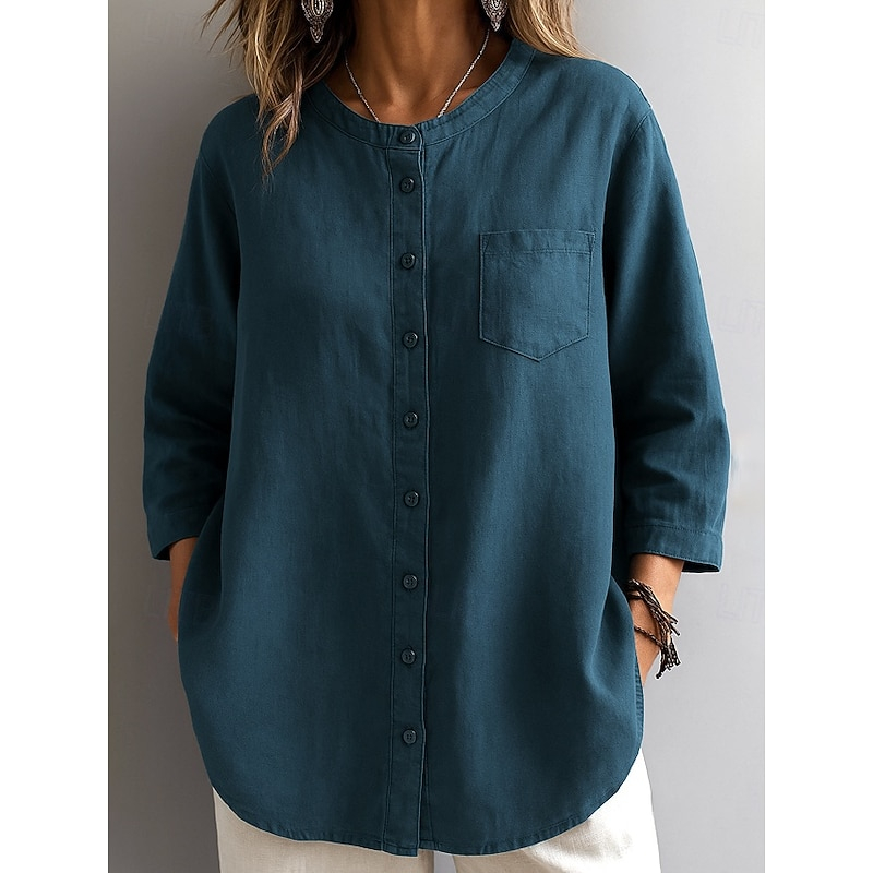 Loose Fit Casual Solid Color Linen Tunic Blouse