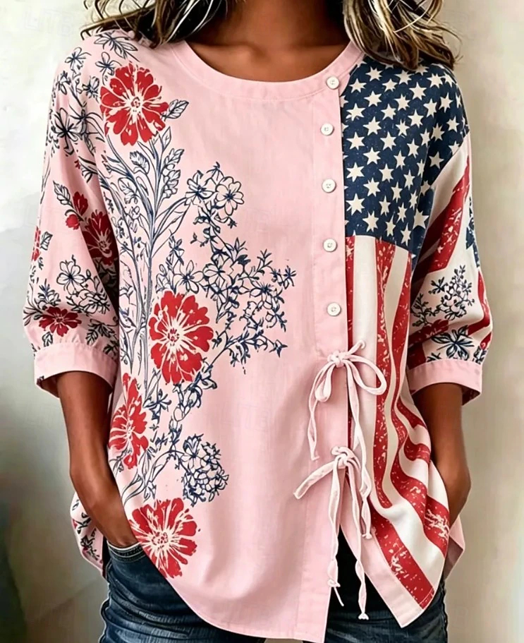 Women Floral Flag Patchwork Round Neck 3/4 Sleeve Side Drawstring Casual Blouse