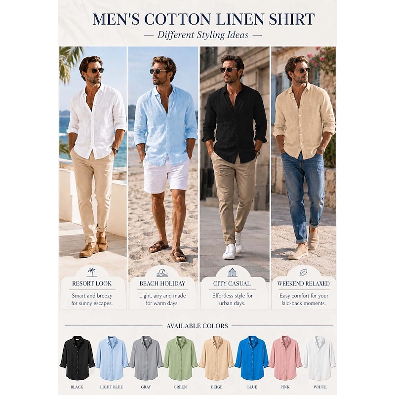Men's Linen Button-Up Shirt - Summer Beach Casual Shirt