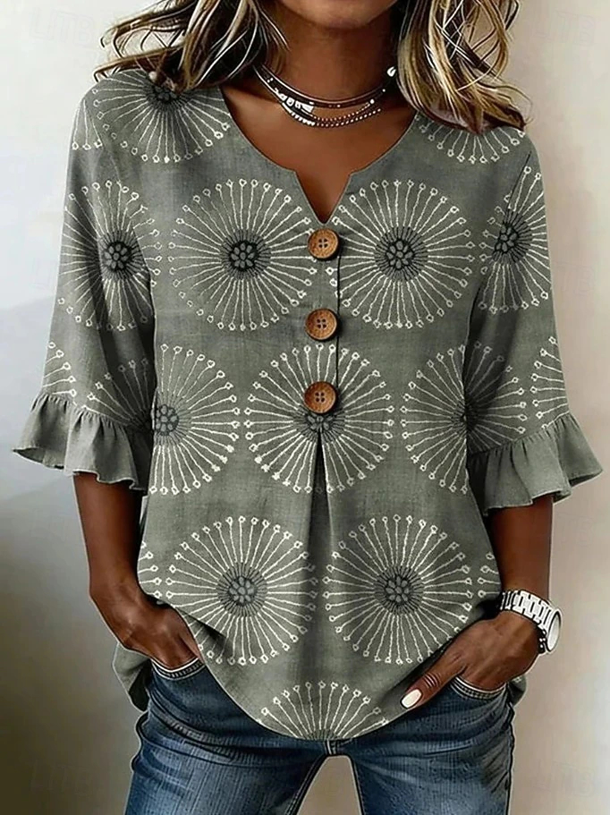 Vintage Floral Geometric Printed Casual Shirt, Relax Fit Half Placket Flared Sleeve Lightweight Ladies Daily Blouse