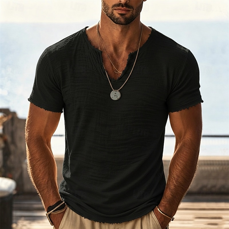 Men's Linen V-Neck T-Shirt - Textured Summer Vintage Tee