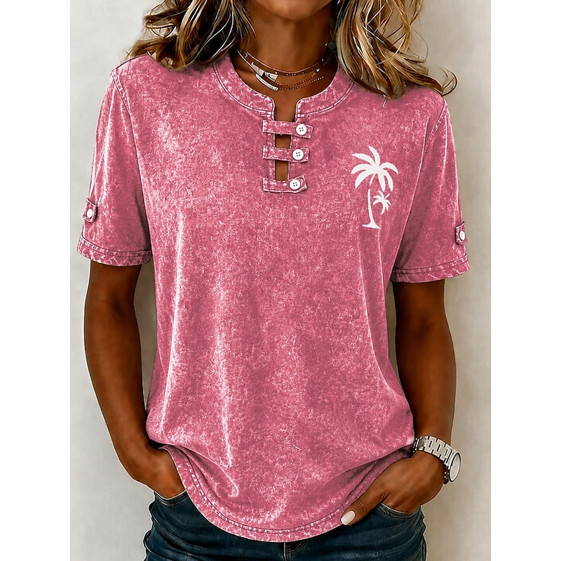 Summer Beach Casual Loose Fit Ladies Distressed Wash Tees, Button Keyhole Neck Palm Graphic Roll Cuff Short Sleeve Shirts