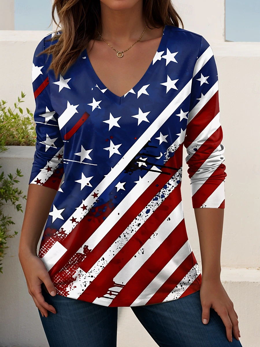 Statue of Liberty USA Flag Print Long Sleeve Tunic, Patriotic Casual V-Neck Shirt for Women