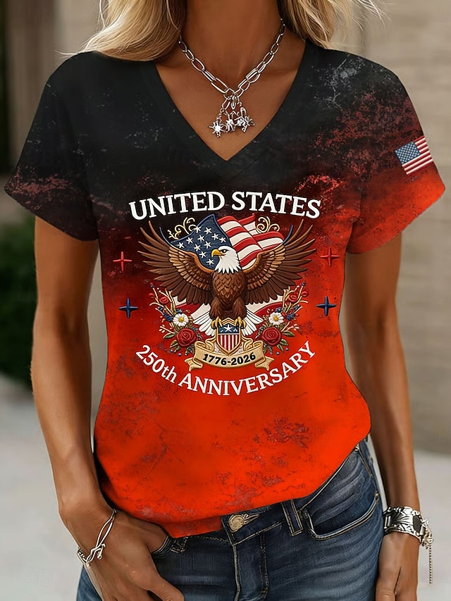 USA 250th Anniversary Eagle & Floral Accent V-Neck T-Shirt, Patriotic Casual Short Sleeve Top