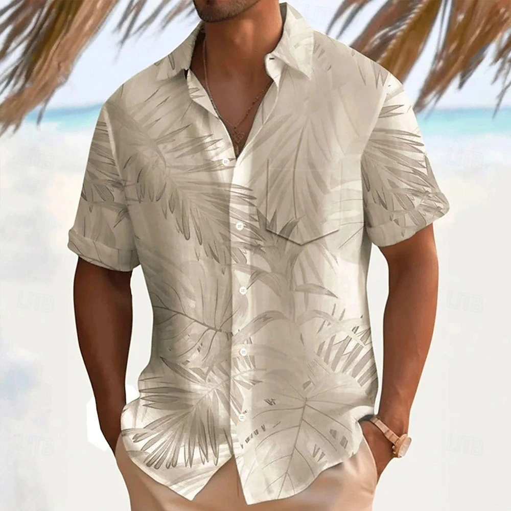 Neutral Tone Tropical Plant Print Button Up Shirt, Breathable Casual Beach Travel Short Sleeve Blouse