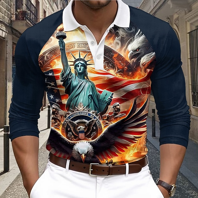 Vintage Flame USA Flag Eagle Print Three Quarter Sleeve Performance Polo Shirt