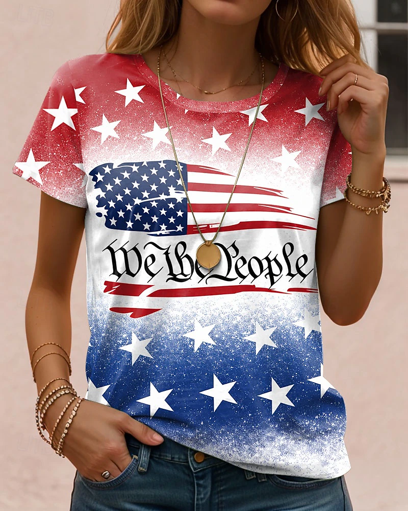 Independence Day Sparkle Gradient Star US Flag Slogan Loose Women Summer T-Shirt