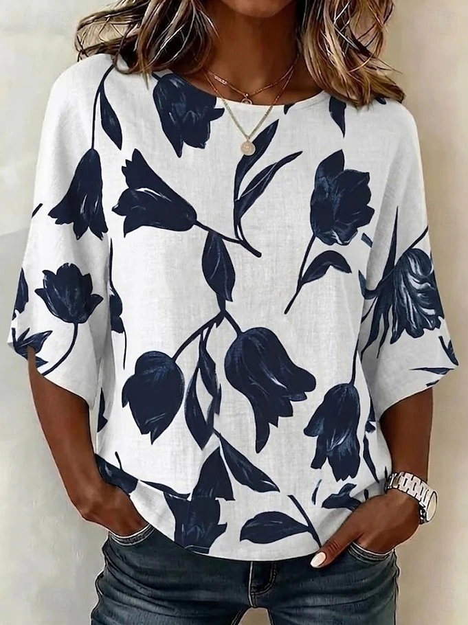 Casual Linen Texture Floral Crew Neck Loose Women Daily Wear Blouse