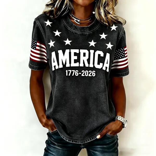 Women Vintage Washed America Star Flag Print Crew Neck Casual Patriotic T-Shirt