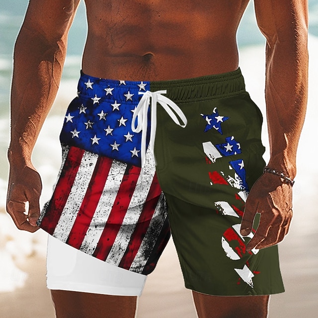 [Copy]Independence Day Men's 4th of July U.S. 250th Anniversary US Flag Patriotic Lined Shorts 2 in 1 Board Shorts