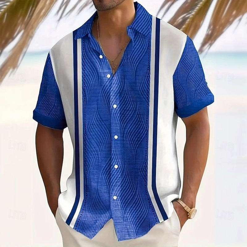 Retro Beachwear Vertical Stripe Textured Casual Shirt, Loose Fit Summer Short Sleeve Blouse