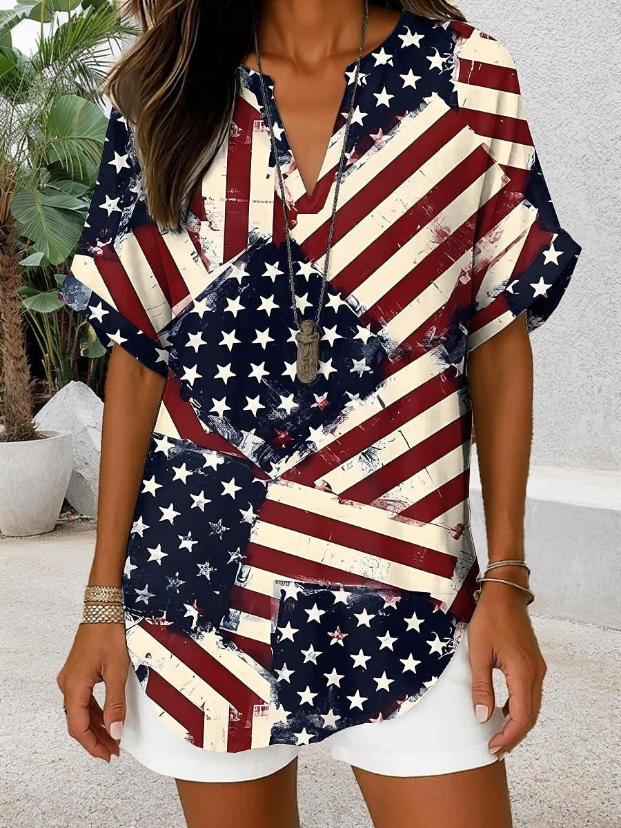 Vintage Distressed USA Flag Short Sleeve Curved Hem Ladies 4th Of July Tunic Top