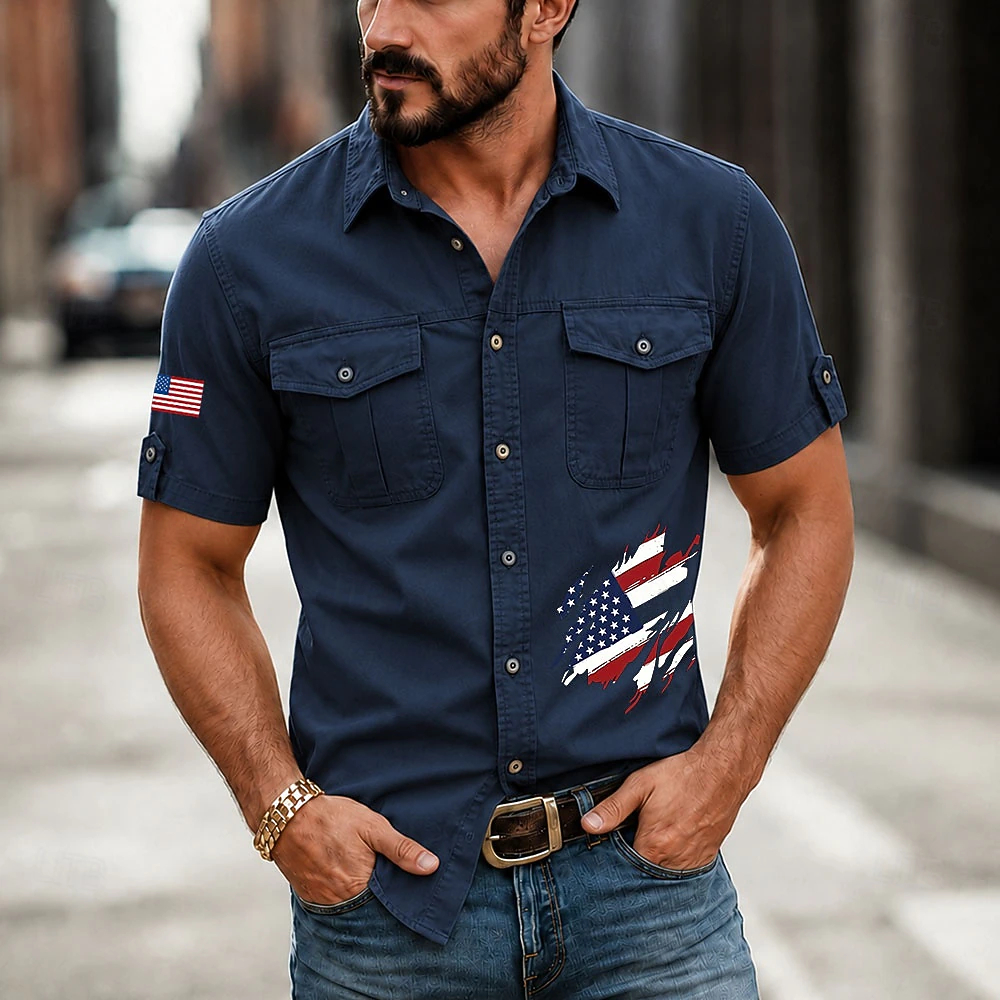 Men Distressed Ripped American Flag Short Sleeve Dual Pocket Cargo Shirt