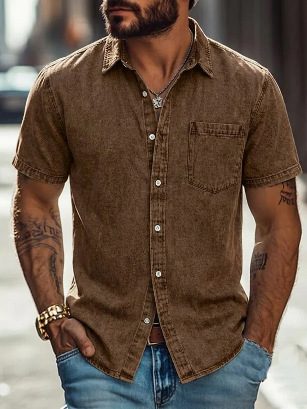Rugged Washed Casual Denim Shirt With Chest Pocket