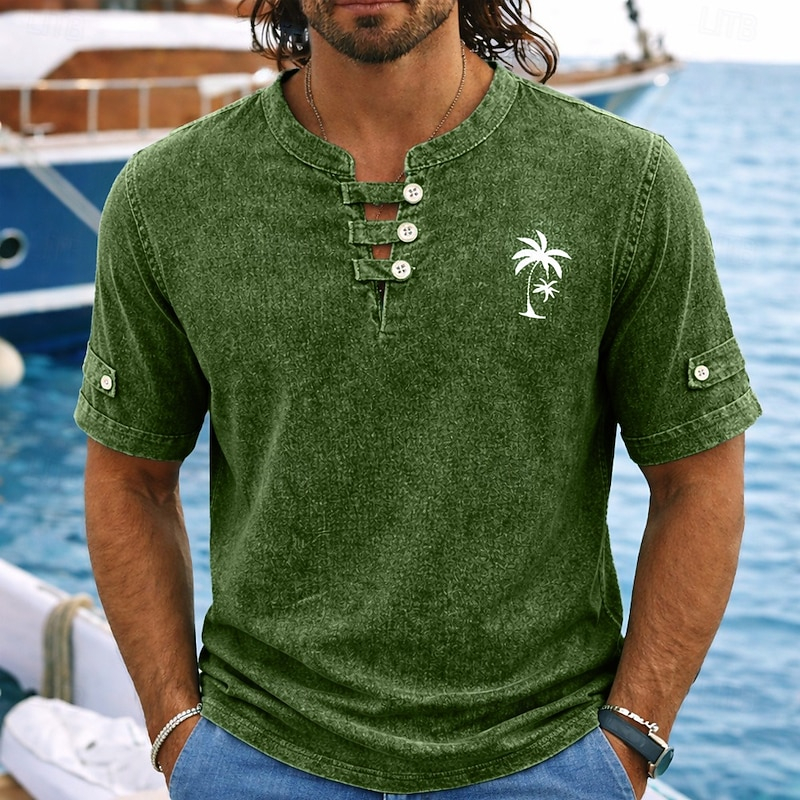 Men Vintage Washed Palm Tree Print Short Sleeve Henley Shirt