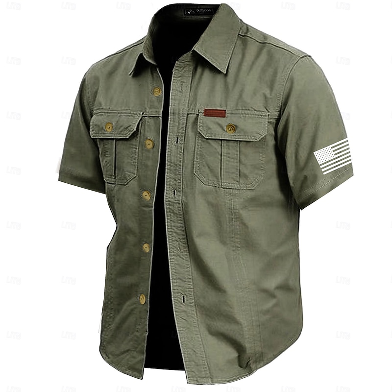 Men's Solid Color Work Shirt - Short Sleeve Cargo Casual