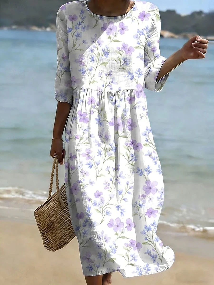 Summer Vacation Floral Swing Midi Dress Ladies Relax Fit 3/4 Sleeve Casual Dress