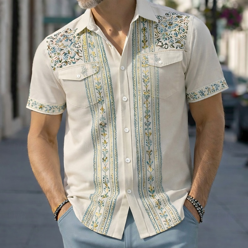 Men Lapel Collar Ethnic Pattern Short Sleeve Button Up Shirts Casual Daily Beach Wear Shirts