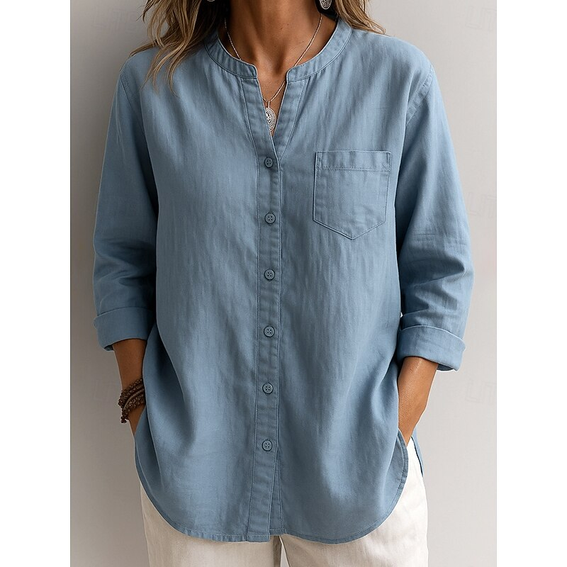 Loose Fit Casual Solid Color Linen Tunic Blouse
