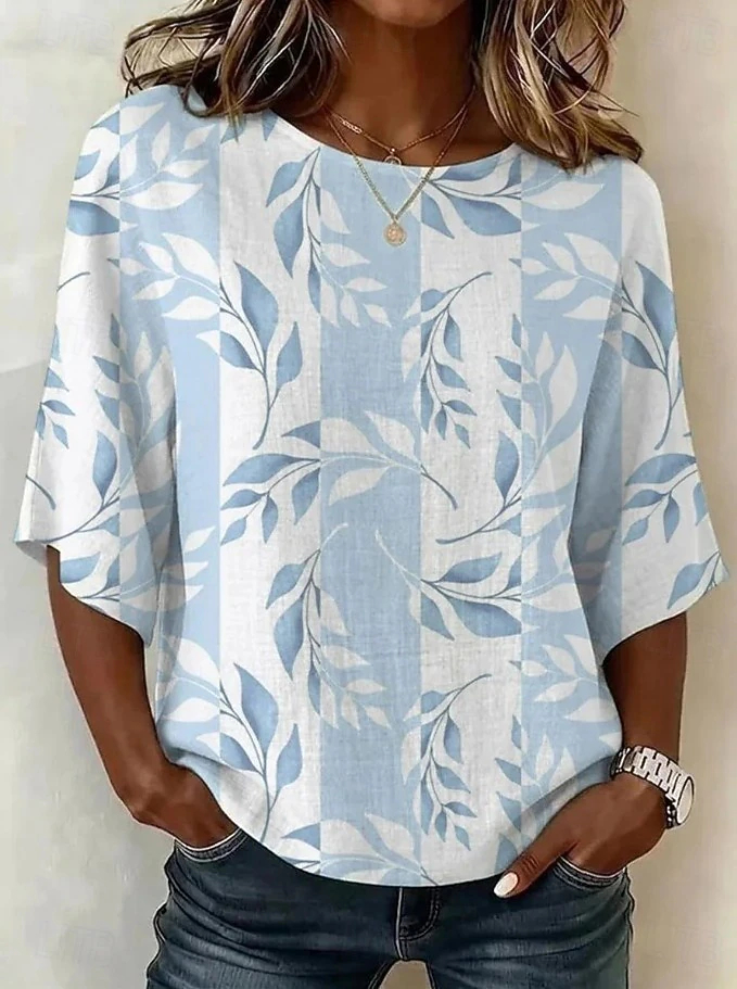 Casual Linen Texture Floral Crew Neck Loose Women Daily Wear Blouse