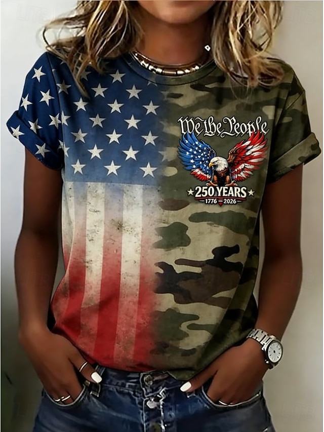 Women’s Vintage Patriotic Eagle Flag T-Shirt, 1776-2026 Anniversary Camo Print Short Sleeve Top