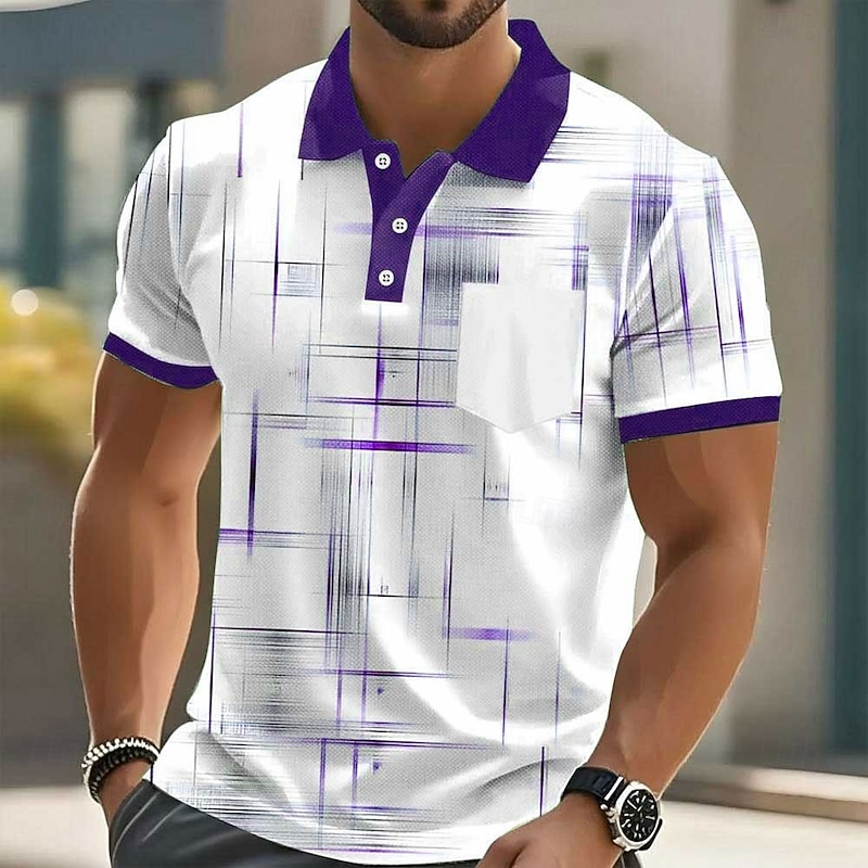 Mens Trendy Cross Line Pattern Polo T-Shirt, Contrast Trim Collar Short Sleeve Breathable Casual Golf Shirts for Weekend Vacation