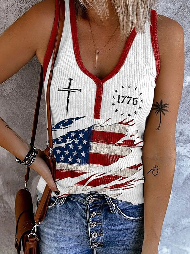 Patriotic Ribbed Henley Tank - American Flag & Air Force Jet Print Casual Summer Top