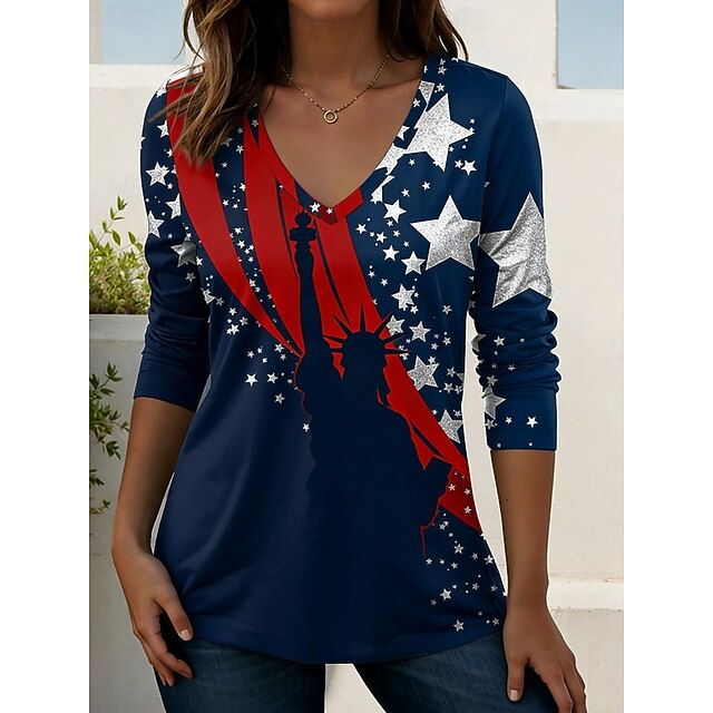 Statue of Liberty USA Flag Print Long Sleeve Tunic, Patriotic Casual V-Neck Shirt for Women