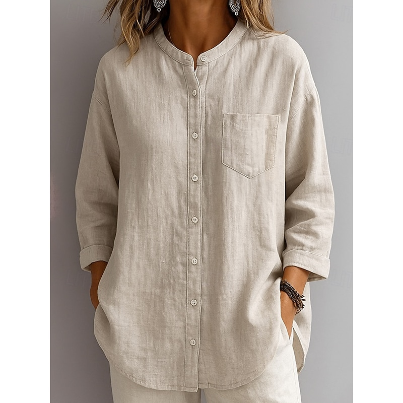 Loose Fit Casual Solid Color Linen Tunic Blouse