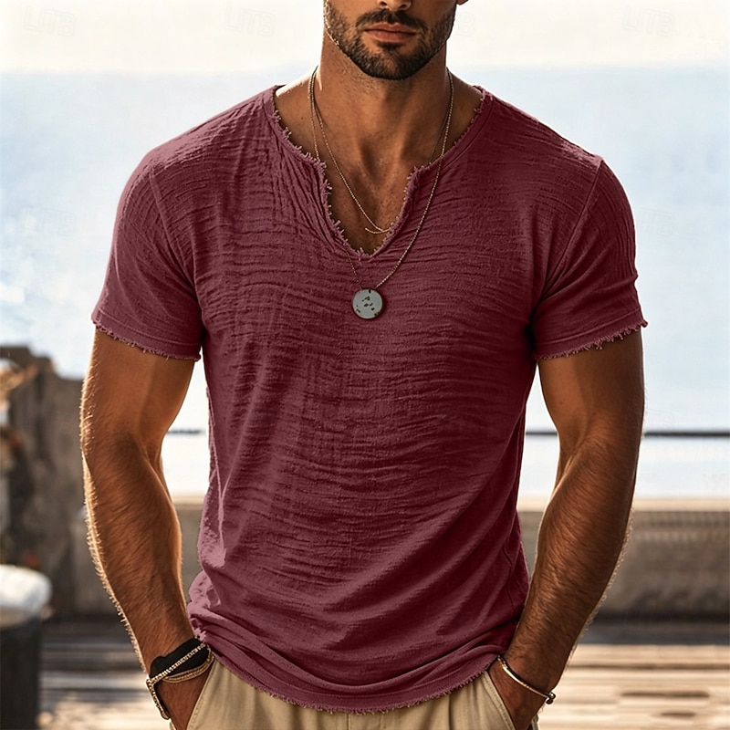 Men's Linen V-Neck T-Shirt - Textured Summer Vintage Tee