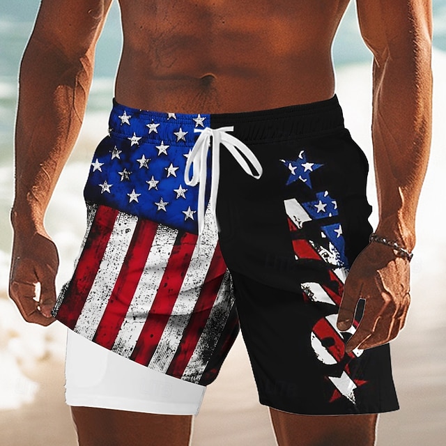 [Copy]Independence Day Men's 4th of July U.S. 250th Anniversary US Flag Patriotic Lined Shorts 2 in 1 Board Shorts