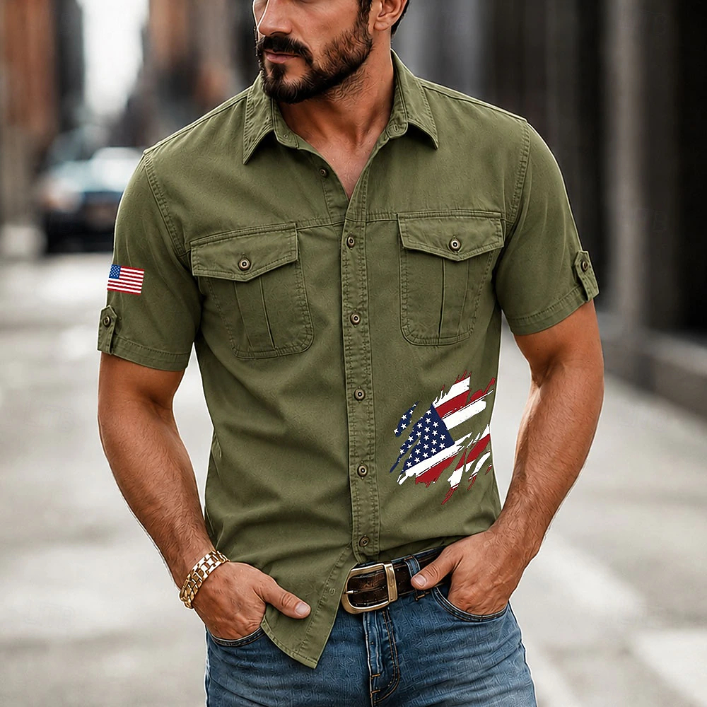Men Distressed Ripped American Flag Short Sleeve Dual Pocket Cargo Shirt
