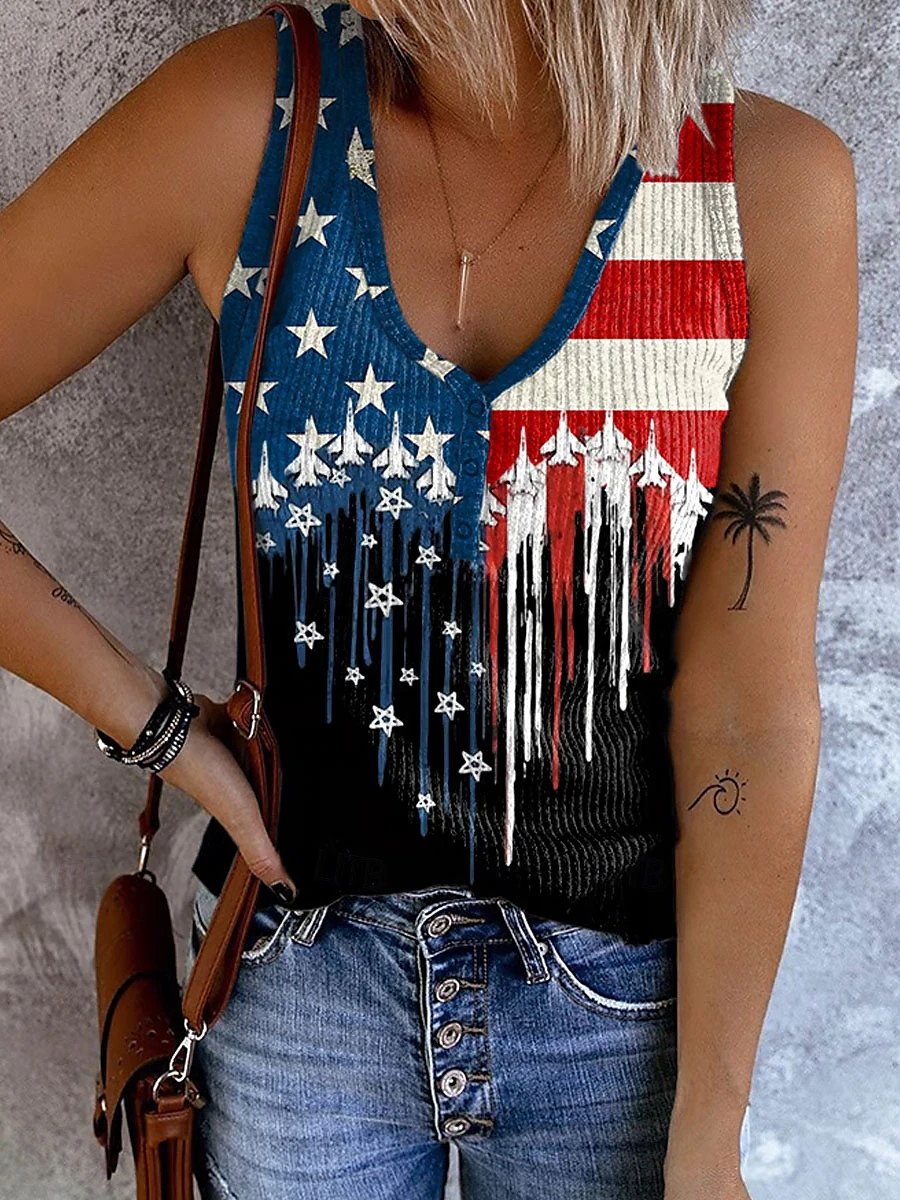 Patriotic Ribbed Henley Tank - American Flag & Air Force Jet Print Casual Summer Top