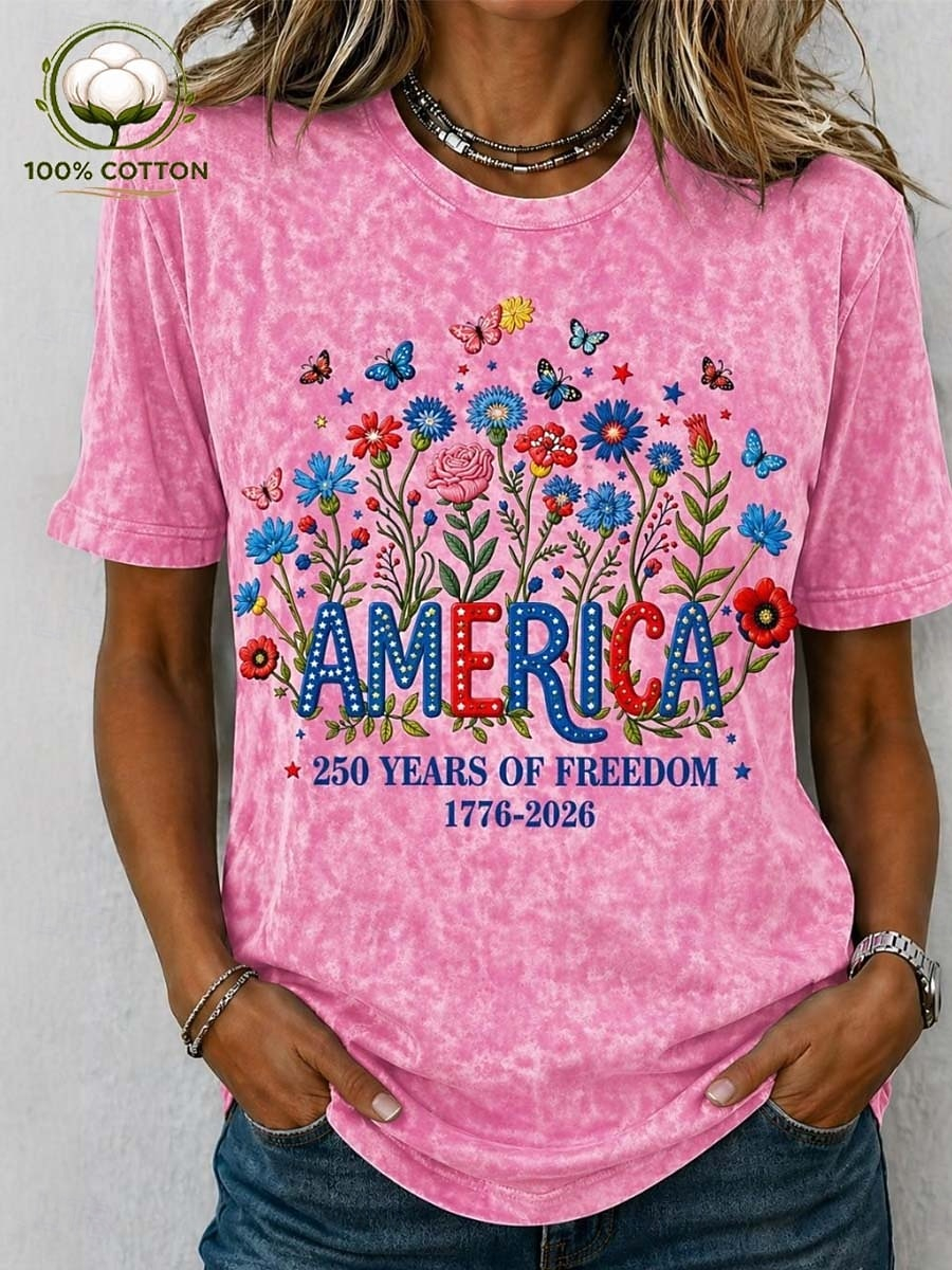 America Floral Wildflower Print Vintage Washed Loose Women Patriotic Summer Casual T-Shirt