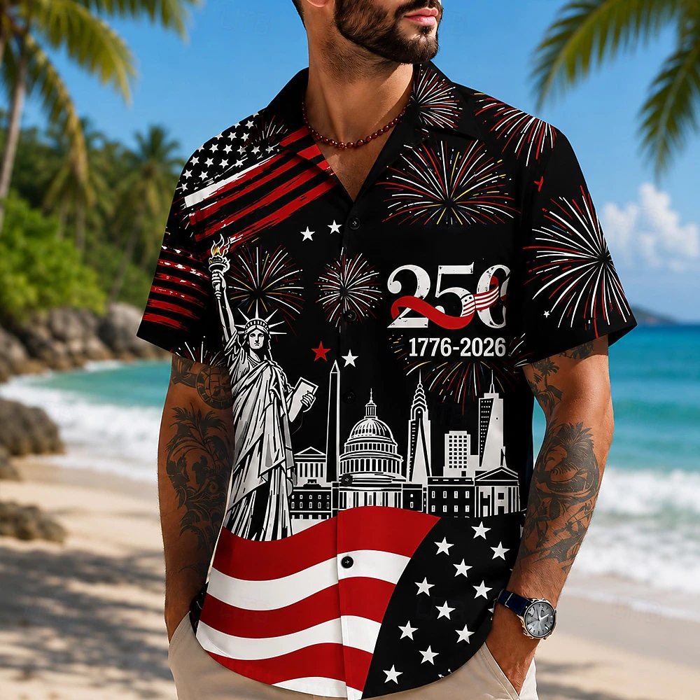 Statue Of Liberty USA Flag 250th Anniversary Men Short Sleeve Hawaiian Shirt