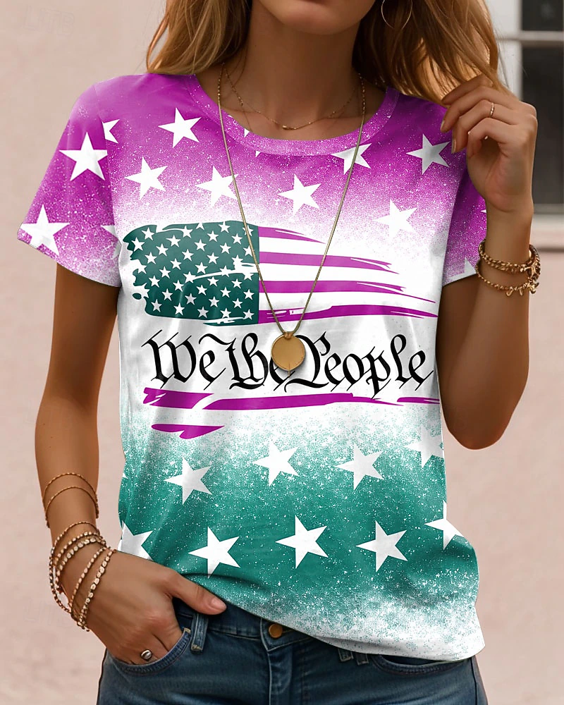 Independence Day Sparkle Gradient Star US Flag Slogan Loose Women Summer T-Shirt