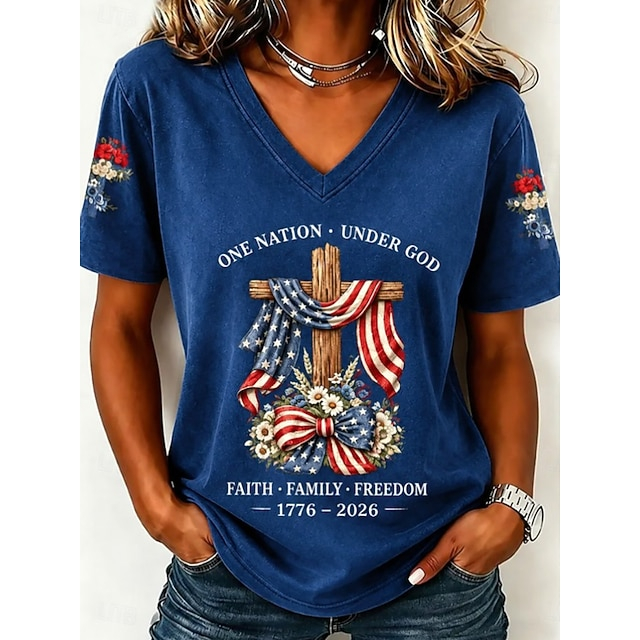 Patriotic Christian One Nation Under God Cross Floral Sleeve V-Neck Women Casual Summer Tee