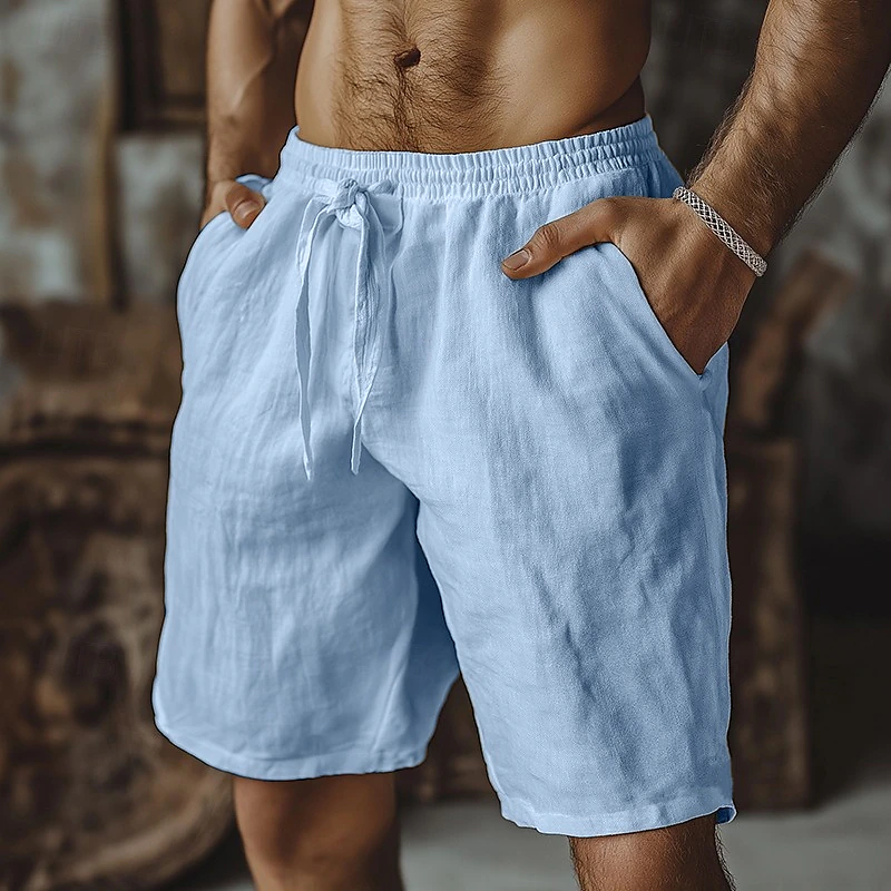 Elastic Waist Drawstring Linen Knee Shorts, Solid Color Daily Home Casual Outdoor Holiday Shorts
