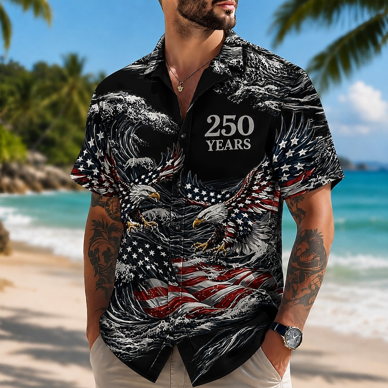 Men Patriotic Double Eagle Ocean Wave USA Flag Print Hawaiian Short Sleeve Shirt