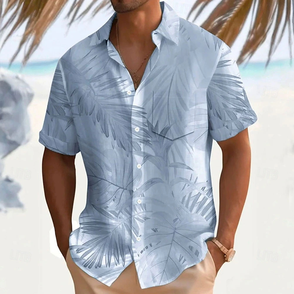 Neutral Tone Tropical Plant Print Button Up Shirt, Breathable Casual Beach Travel Short Sleeve Blouse