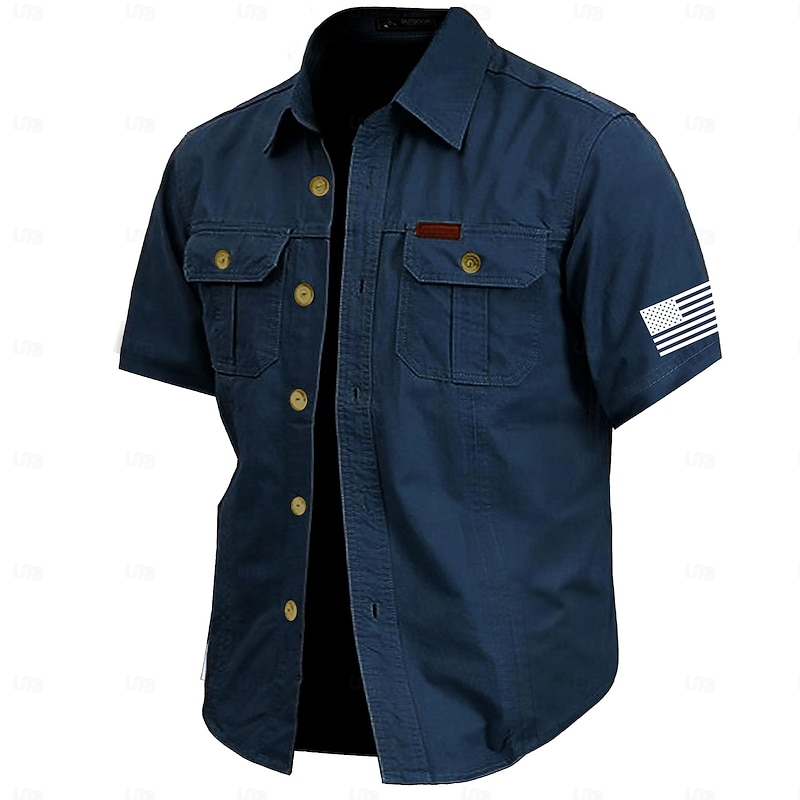 Men's Solid Color Work Shirt - Short Sleeve Cargo Casual
