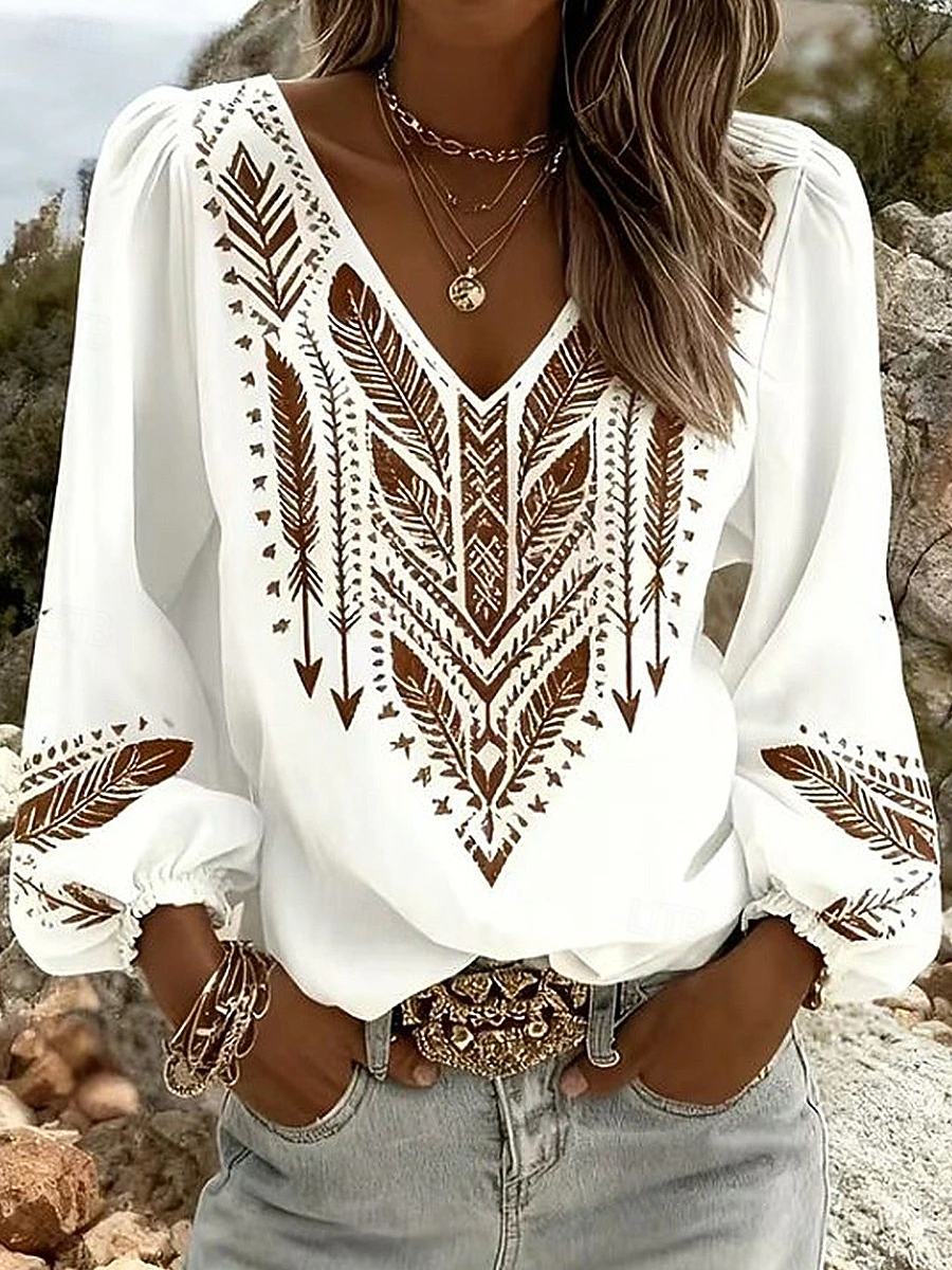 Ethnic Arrow Feather Print Long Sleeve Blouse Women V Neck Puff Sleeve Casual Boho Loose Fit Top