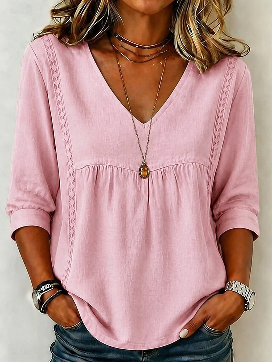 Vintage Boho Loose Fit Babydoll Blouse for Ladies, Lace Panel V Neck 3/4 Cuffed Sleeve Casual Travel Weekend Shirt Tops