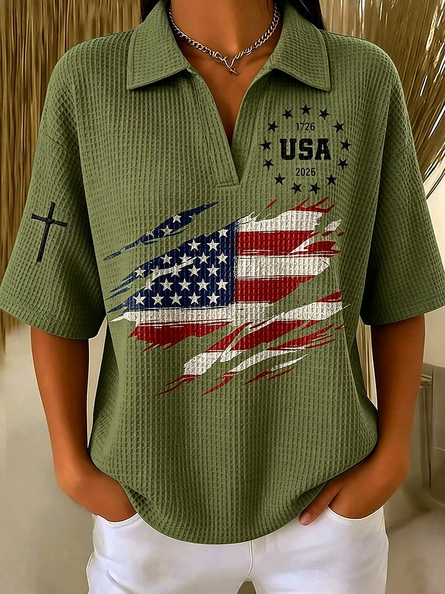 Multi-Color Loose Fit Patriotic Independence Day USA Flag Cross Detail Women Summer Polo Top