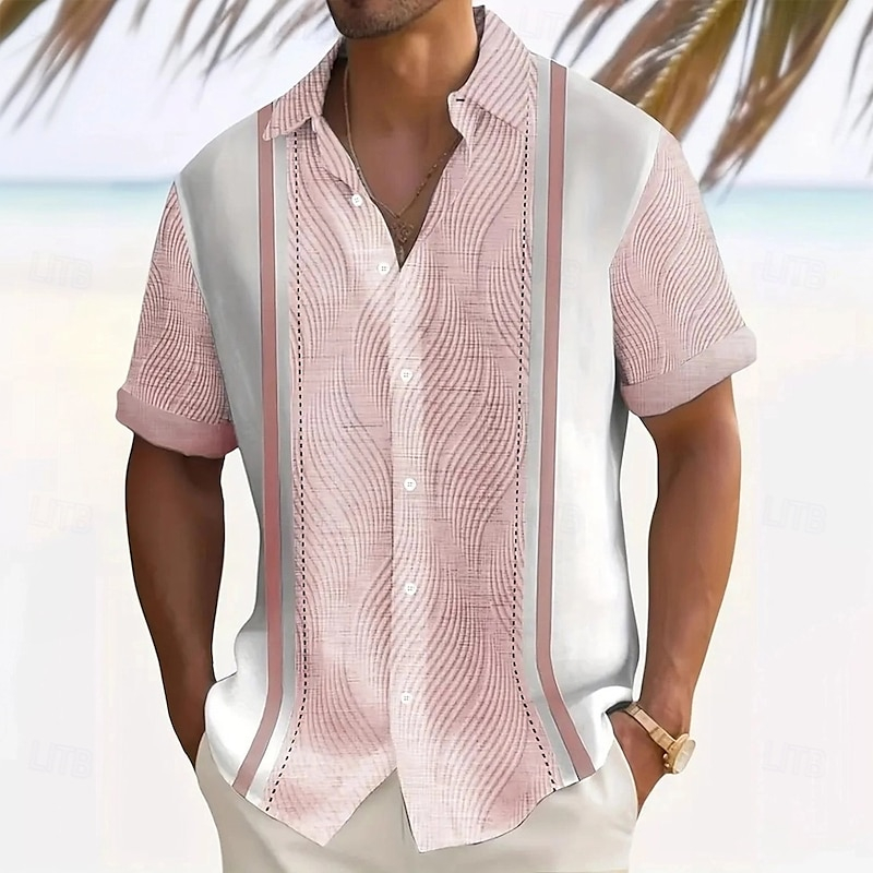 Retro Beachwear Vertical Stripe Textured Casual Shirt, Loose Fit Summer Short Sleeve Blouse