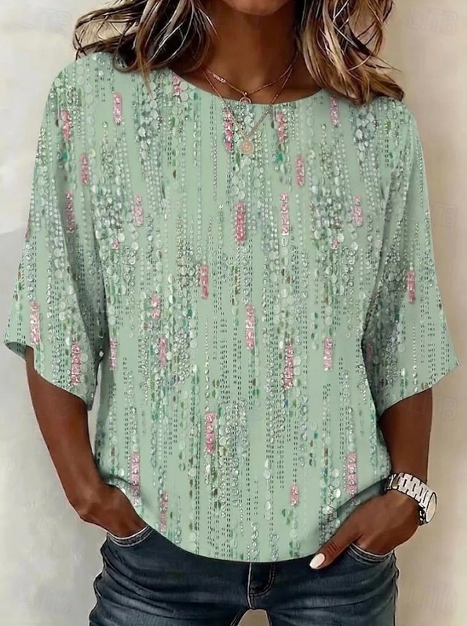 Casual Linen Texture Floral Crew Neck Loose Women Daily Wear Blouse