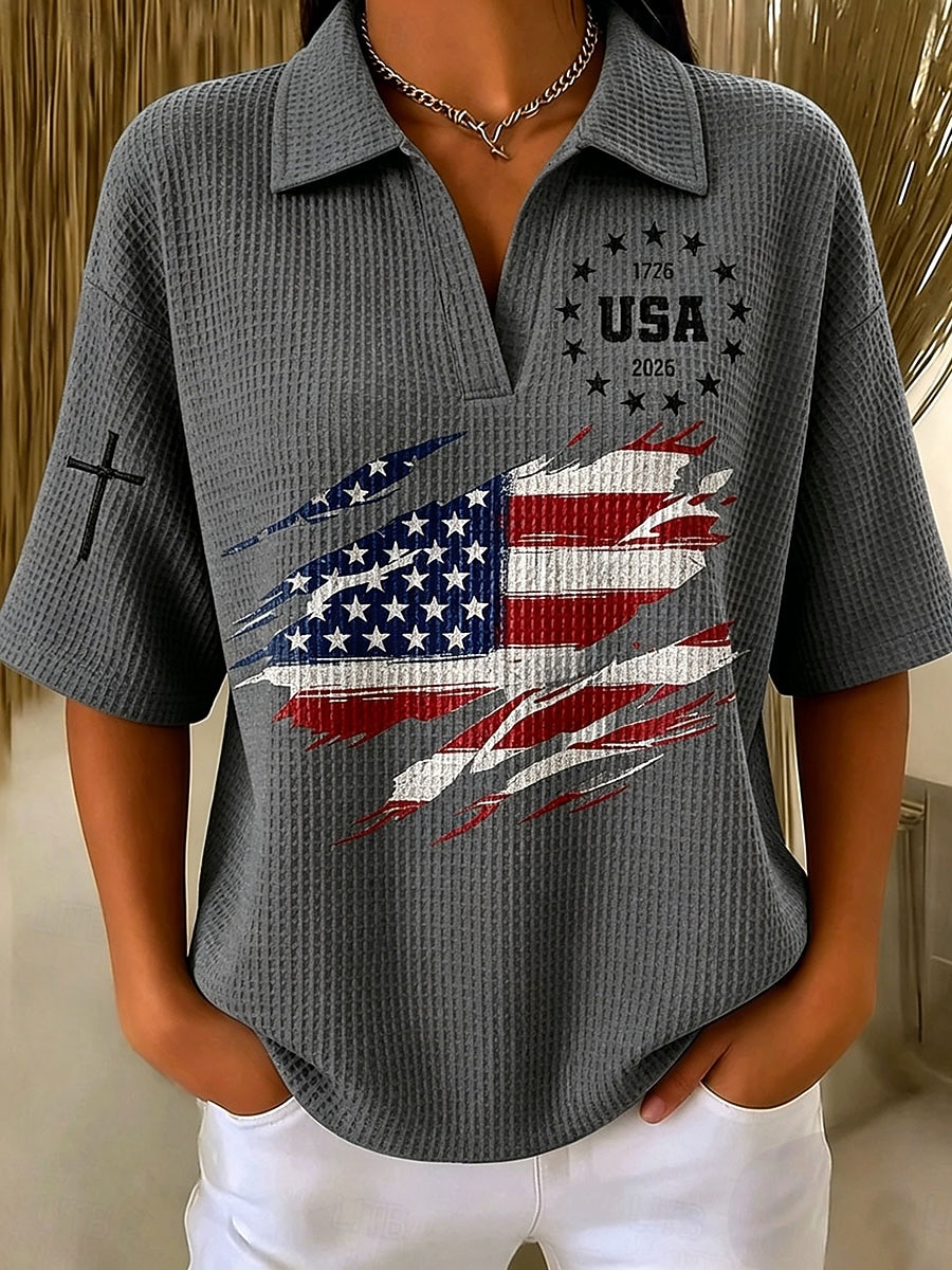 Multi-Color Loose Fit Patriotic Independence Day USA Flag Cross Detail Women Summer Polo Top