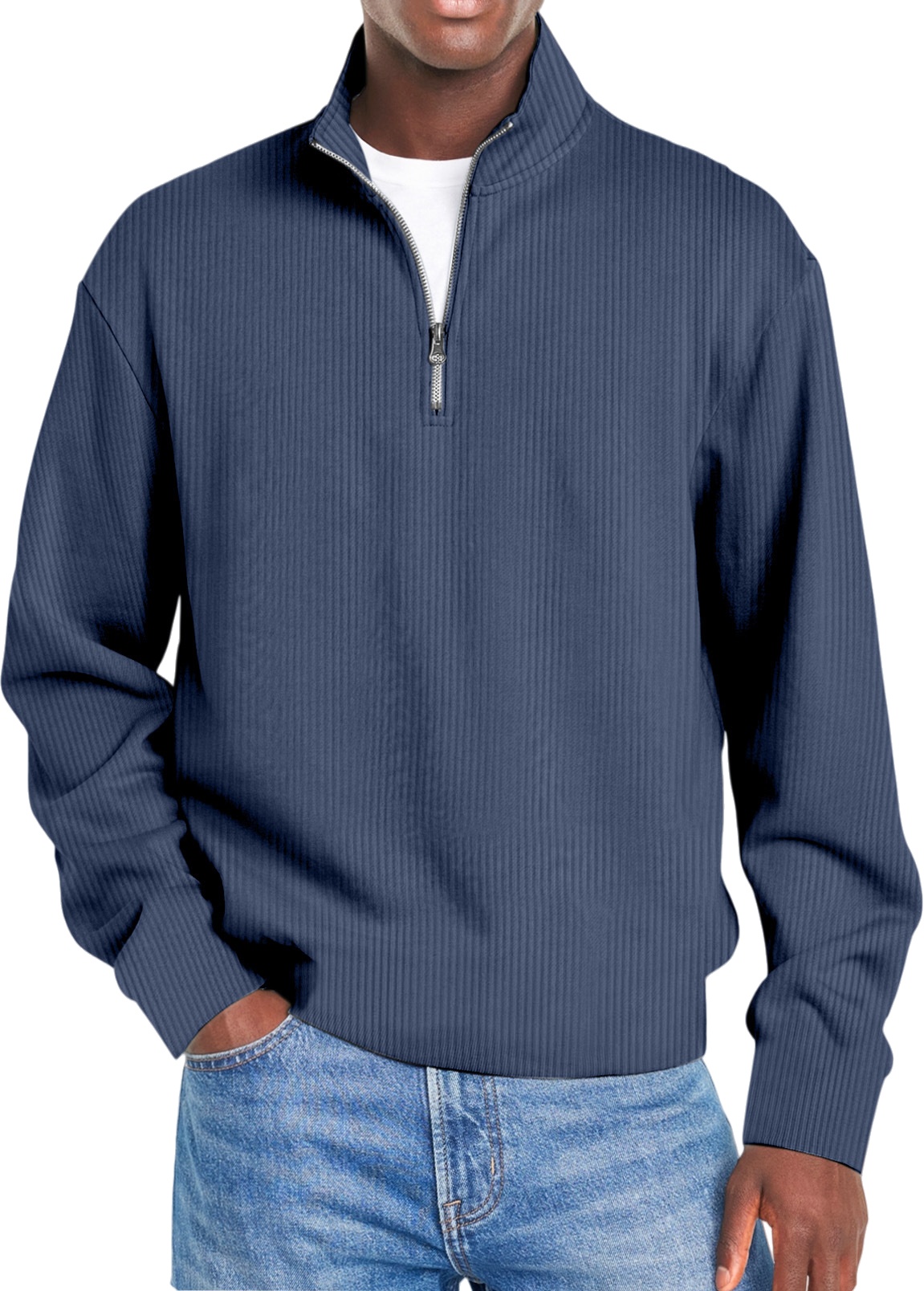 Men's Quarter-Zip Ribbed Knit Pullover – Casual Stand Collar Long Sleeve Sweater
