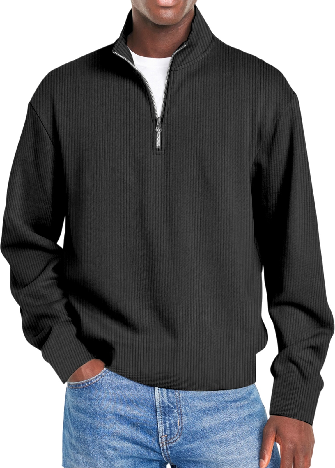 Men's Quarter-Zip Ribbed Knit Pullover – Casual Stand Collar Long Sleeve Sweater